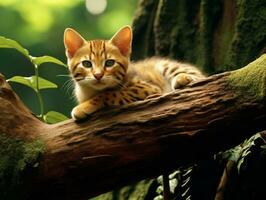 Serene cat resting on a tree branch surrounded by lush foliage AI Generative photo