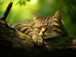 Serene cat resting on a tree branch surrounded by lush foliage AI Generative photo