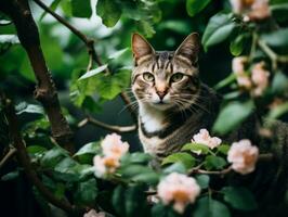 sereno gato descansando en un árbol rama rodeado por lozano follaje ai generativo foto