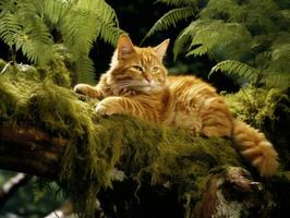 Serene cat resting on a tree branch surrounded by lush foliage AI Generative photo