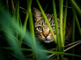 stealthy cat stalking through tall grass with its eyes fixed on prey AI Generative photo