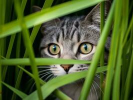 stealthy cat stalking through tall grass with its eyes fixed on prey AI Generative photo