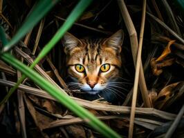 cauteloso gato acecho mediante alto césped con sus ojos fijo en presa ai generativo foto