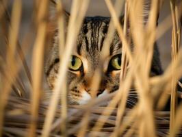 stealthy cat stalking through tall grass with its eyes fixed on prey AI Generative photo