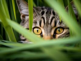 cauteloso gato acecho mediante alto césped con sus ojos fijo en presa ai generativo foto