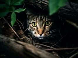 cauteloso gato acecho mediante alto césped con sus ojos fijo en presa ai generativo foto