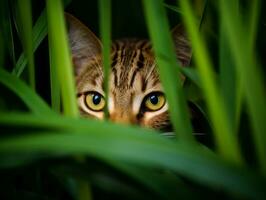 cauteloso gato acecho mediante alto césped con sus ojos fijo en presa ai generativo foto