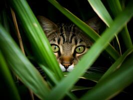 cauteloso gato acecho mediante alto césped con sus ojos fijo en presa ai generativo foto