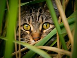 stealthy cat stalking through tall grass with its eyes fixed on prey AI Generative photo