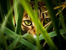 cauteloso gato acecho mediante alto césped con sus ojos fijo en presa ai generativo foto