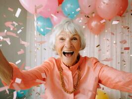 contento mujer celebrando un hermosa vida ai generativo foto