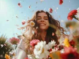 contento mujer celebrando un hermosa vida ai generativo foto