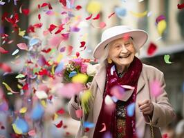 contento mujer celebrando un hermosa vida ai generativo foto