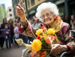 contento mujer celebrando un hermosa vida ai generativo foto