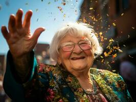 contento mujer celebrando un hermosa vida ai generativo foto