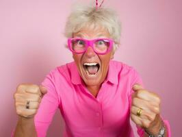 contento mujer celebrando un hermosa vida ai generativo foto