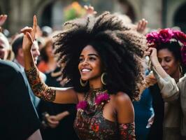 contento mujer celebrando un hermosa vida ai generativo foto