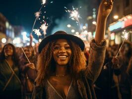 contento mujer celebrando un hermosa vida ai generativo foto