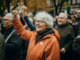 contento mujer celebrando un hermosa vida ai generativo foto