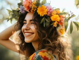 contento mujer celebrando un hermosa vida ai generativo foto