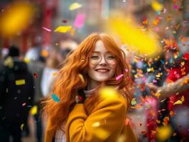 contento mujer celebrando un hermosa vida ai generativo foto