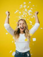 contento mujer celebrando en un sólido antecedentes ai generativo foto