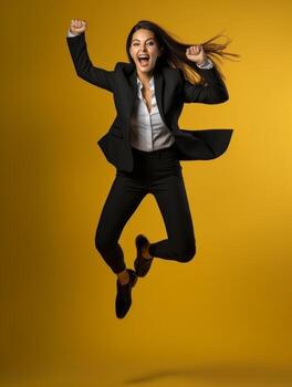 Happy woman celebrating on a solid background AI Generative photo