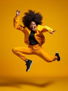 Happy woman celebrating on a solid background AI Generative photo