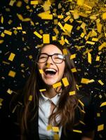 contento mujer celebrando en un sólido antecedentes ai generativo foto