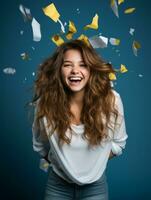 Happy woman celebrating on a solid background AI Generative photo