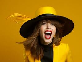 Happy woman celebrating on a solid background AI Generative photo