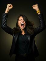 Happy woman celebrating on a solid background AI Generative photo