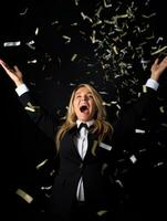 Happy woman celebrating on a solid background AI Generative photo