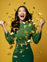 Happy woman celebrating on a solid background AI Generative photo