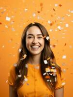 contento mujer celebrando en un sólido antecedentes ai generativo foto