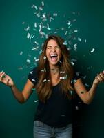 contento mujer celebrando en un sólido antecedentes ai generativo foto