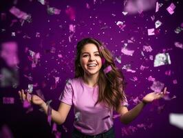 contento mujer celebrando en un sólido antecedentes ai generativo foto