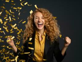 Happy woman celebrating on a solid background AI Generative photo