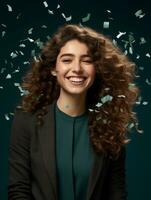 Happy woman celebrating on a solid background AI Generative photo