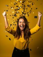 Happy woman celebrating on a solid background AI Generative photo