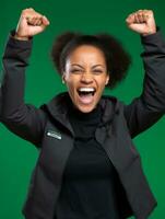 Happy woman celebrating on a solid background AI Generative photo