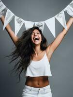 contento mujer celebrando en un sólido antecedentes ai generativo foto