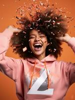 Happy woman celebrating on a solid background AI Generative photo