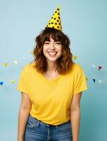 contento mujer celebrando en un sólido antecedentes ai generativo foto