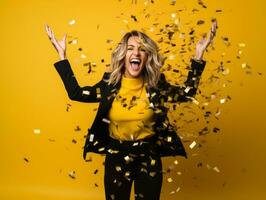 Happy woman celebrating on a solid background AI Generative photo