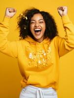 Happy woman celebrating on a solid background AI Generative photo