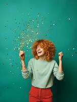 Happy woman celebrating on a solid background AI Generative photo