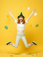 Happy woman celebrating on a solid background AI Generative photo