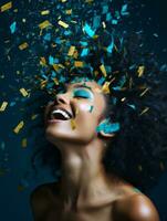 Happy woman celebrating on a solid background AI Generative photo
