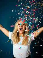 Happy woman celebrating on a solid background AI Generative photo